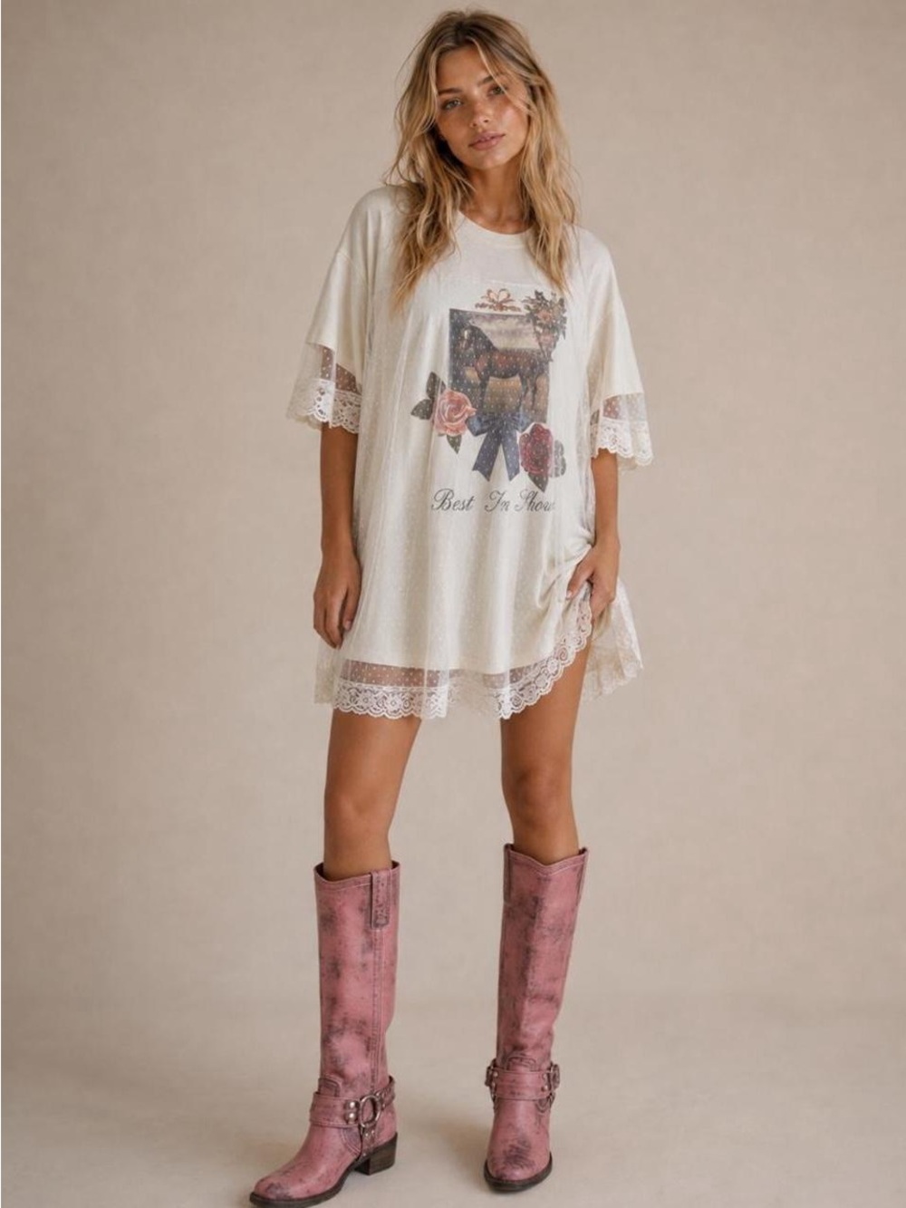 Urban Outfitters Ivory Graphic Lace-Trim Tee-dress